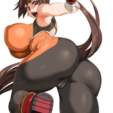 dnf duel, dungeon and fighter, fighter (dungeon and fighter), striker (dungeon and fighter), era (erasion), smh1069, ass, bare shoulders, boots, breasts, brown eyes, brown hair, cameltoe, female, fingerless gloves