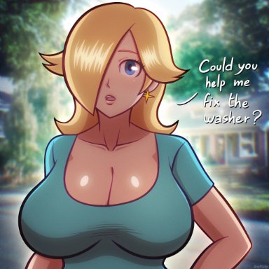 mario (series), nintendo, princess rosalina, beg4cake, 1girls, big breasts, blonde hair, blue eyes, breasts, cleavage, earring, female, female only, hair over one eye, hand on hip