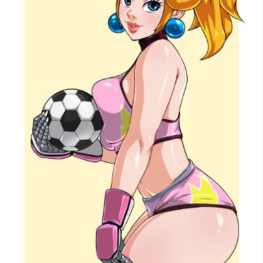 mario (series), mario strikers, nintendo, princess peach, kyoffie, 1girls, arched back, ass, ass out, athletic, athletic female, blonde hair, blue eyes, booty shorts, breast press