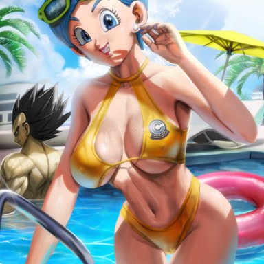 dragon ball, dragon ball super, bulma briefs, vegeta, elitenappa, 1boy, 1girls, big breasts, bikini, black hair, blue eyes, blue hair, breasts, cameltoe, chair