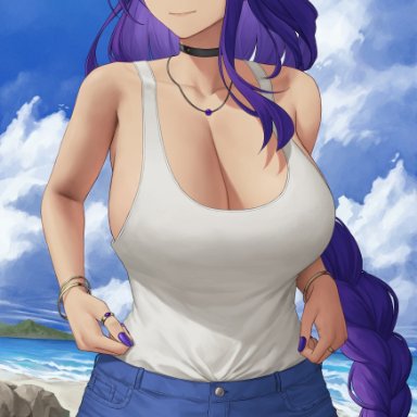 genshin impact, raiden shogun, zaphn, 1girls, beach, blue bottomwear, booty shorts, braided hair, casual clothes, denim shorts, eyebrows visible through hair, female, female only, hips, jean shorts