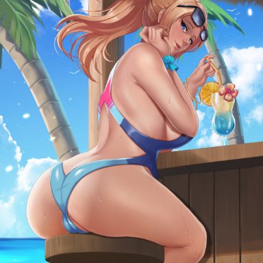 metroid, nintendo, samus aran, exlic, 1girls, ass, ass focus, back view, backside, bare arms, bare ass, bare shoulders, bare skin, bare thighs, beverage