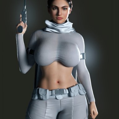 star wars, padme amidala, rude frog, alternate breast size, big breasts, blaster, curvaceous, curvy, huge breasts, large breasts, midriff, stomach, voluptuous, wide hips, absurd res
