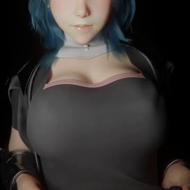 fire emblem, fire emblem: three houses, byleth (fire emblem), byleth (fire emblem) (female), j9006, 1girls, belly button, big breasts, blue eyes, blue hair, breasts, clothed, female, female only, lifted by self