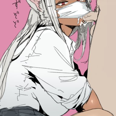 my hero academia, miruko, rumi usagiyama, ettone, bunny ears, bunny girl, bunny tail, clothed female nude male, clothing, cum in mouth, dark-skinned female, dark skin, interracial, large breasts, light-skinned male