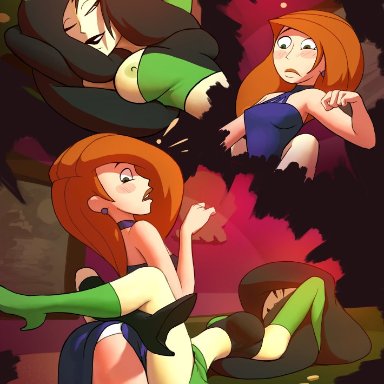 kim possible, kimberly ann possible, shego, queencomplex, 2girls, between legs, blush, breasts, confusion, exposed breasts, fear, half-dressed, half naked, heel boots, heels