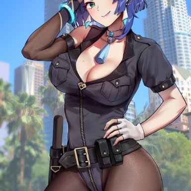 genshin impact, grand theft auto, yelan (genshin impact), foxyrain, foxyreine, 1girls, blue hair, breasts, cleavage, female, female only, green eyes, highleg leotard, hips, huge breasts