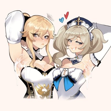 genshin impact, barbara (genshin impact), jean gunnhildr, thiccwithaq, 2girls, arm behind head, armpits, bangs, blonde hair, blue eyes, blush, breasts, cleavage, closed mouth, corset