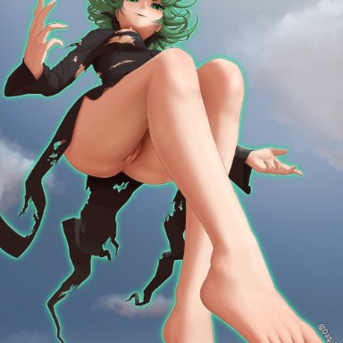 one-punch man, tatsumaki, dagu, daguya draws, barefoot, big ass, big thighs, feet, flying, foot focus, looking at viewer, looking down, pussy, ripped clothing, solo female