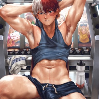 my hero academia, shouto todoroki, bludwing, 1boy, armpit hair, armpits, arms behind back, being watched, gay, gym, gym shorts, happy trail, jockstrap, leg hair, navel