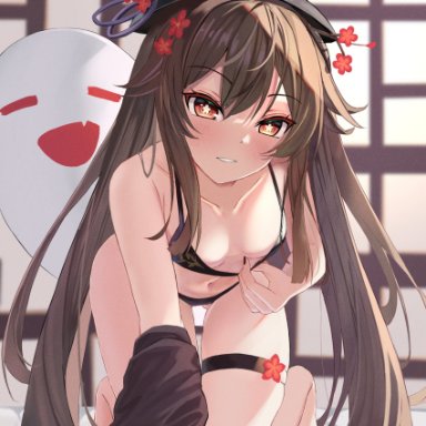 genshin impact, hu tao (genshin impact), 1girl, 1girls, all fours, bed sheet, black bra, black nails, black panties, blush, bra, bra pull, breasts, brown hair, clothes pull