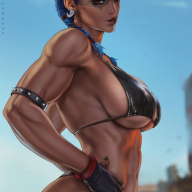 blizzard entertainment, overwatch, overwatch 2, junker queen, dandon fuga, 1girls, bikini, black nails, blue hair, breasts, dark-skinned female, earrings, female, female focus, female only