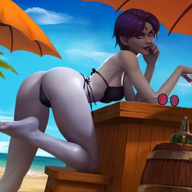 dc, dc comics, teen titans, rachel roth, raven, raven (dc), evulchibi, 1girls, ass, beach, big ass, bikini, black bikini, black swimsuit, breasts