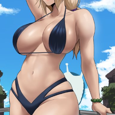 naruto, naruto (series), naruto shippuden, tsunade, echosaber, 1girls, bikini, black bikini, blonde hair, boat, breasts, brown eyes, female, forehead mark, hips