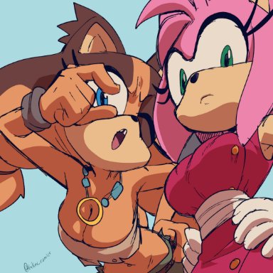 sega, sonic (series), sonic boom, sonic the hedgehog (series), amy rose, sticks the badger, inker comics, inkershike, 2girls, anthro, badger, big breasts, blue eyes, breasts, cleavage