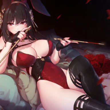 spy x family, yor briar, yor forger, mitsu art, animal ears, black hair, blood, blush, breasts, bunny girl, cleavage, long hair, looking at viewer, lying on bed, red eyes