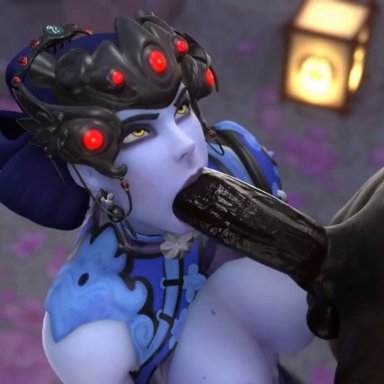 blizzard entertainment, overwatch, black lily widowmaker, widowmaker, aphy3d, 1boy, 1boy1girl, 1girls, big breasts, blowjob, blue hair, breasts, breasts out, clothed female nude male, clothing