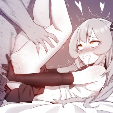 tongkkangi, ikr (artist), 2boys, bare shoulders, blush, bow, clenched teeth, clothed sex, crop top, drooling, elbow gloves, femboy, from side, girly, gloves