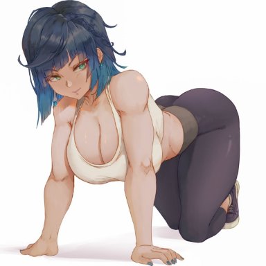 genshin impact, yelan (genshin impact), lesottart, 1girls, all fours, ass, black hair, blue hair, breasts, cleavage, clothed, clothed female, female, female only, green eyes