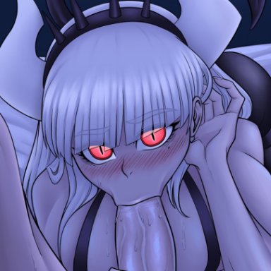 helltaker, lucifer (helltaker), anikiki kun, :&gt;=, blowjob, huge breasts, red eyes