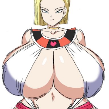 dragon ball, android 18, momiji (artist), 1girls, blonde, blonde hair, blue eyes, cameltoe, cleavage, curvy, erect nipples, female, gigantic breasts, huge areolae, huge ass