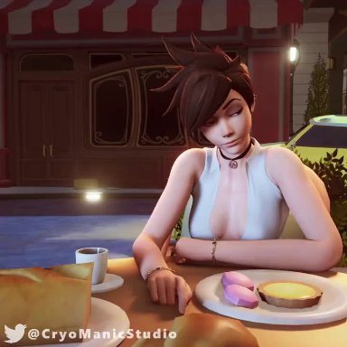 blizzard entertainment, overwatch, tracer, cryomaniac, 1girls, accident, accidental circumstance, adjusting hair, awkward situation, bedroom eyes, bracelet, bread, breasts, breasts out of clothes, brown eyes