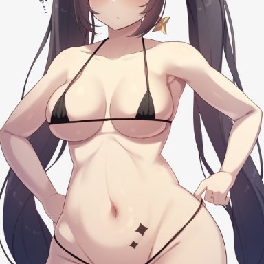 genshin impact, mona (genshin impact), samegami, 1girls, abdominal tattoo, alternate breast size, alternate eye color, bikini, black bikini, black hair, blue eyes, blush, body markings, breasts, clothed