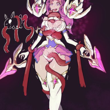 league of legends, star guardian series, kai'sa, star guardian kai'sa, jonfish, 1girls, blush, corruption, hair ornament, heart-shaped pupils, long hair, open mouth, partially clothed, pink eyes, pink hair