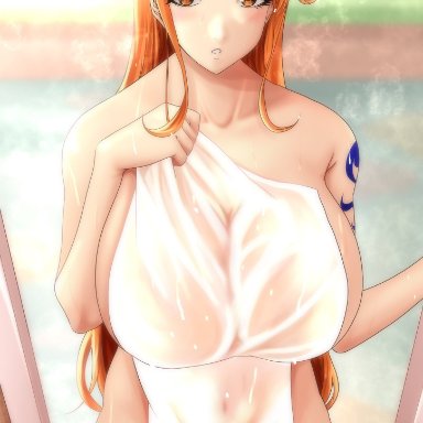 one piece, nami, moriton, after shower, big ass, big breasts, big butt, breasts, hips, huge ass, huge breasts, long hair, looking at viewer, orange hair, tattooed arm