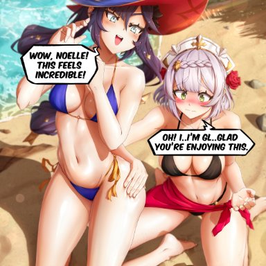 genshin impact, mona (genshin impact), noelle (genshin impact), kellzallday, 2girls, bare legs, barefoot, beach, bikini, black bikini, black hair, blue bikini, blush, breasts, flower