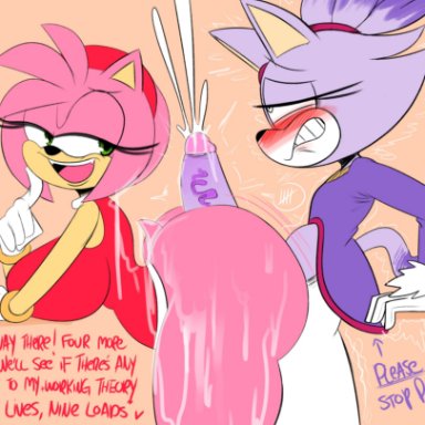 sega, sonic (series), sonic the hedgehog (series), amy rose, blaze the cat, ota (artist), anthro, ass, big butt, big penis, blush, bodily fluids, bottomless, bottomless female, clenched teeth