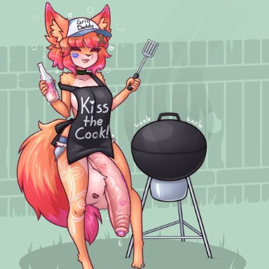 limebreaker, 1futa, anthro, apron, balls, big balls, big penis, breasts, canine, clothed, clothing, daisy dukes, fox, furry, futa only