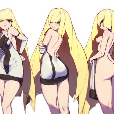 game freak, pokemon, pokemon sm, lusamine (pokemon), penguru 086, 1girls, armwear, ass, back, back view, big ass, blonde hair, bottomless, bottomwear, breasts