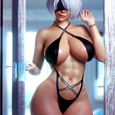 nier: automata, yorha 2b, milapone, 1girls, blindfold, breasts, female, female only, large breasts, solo, thighs, white hair, wide hips, 3d, hi res