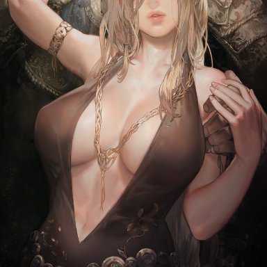 elden ring, fromsoftware, godfrey first elden lord, queen marika the eternal, aoin, 1boy, 1girls, big breasts, blonde hair, canon, canon couple, dress, female, female focus, husband and wife