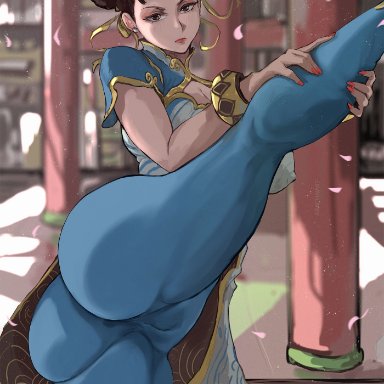 capcom, street fighter, street fighter 6, chun-li, arachnart, 1girls, ass, ass focus, ass shot, breasts, brown eyes, brown hair, bubble butt, china dress, female