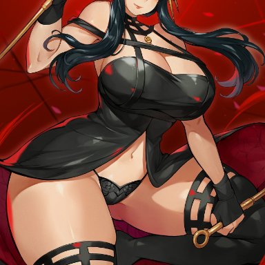 spy x family, yor briar, yor forger, gurimjang, belly button, black clothing, black dress, black hair, black legwear, black panties, breasts, breedable, cleavage, fingerless gloves, gloves