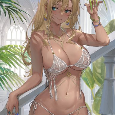 original, sage joh, bangs, belly chain, bikini, blonde hair, blue nails, blurry, blush, bracelet, breasts, cleavage, closed mouth, cowboy shot, cross