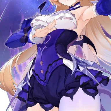 genshin impact, fischl (genshin impact), chi-rol, best girl, blonde hair, chi rol, eye patch, princess, red eyes, revealing clothes, royalty, thick, thick thighs