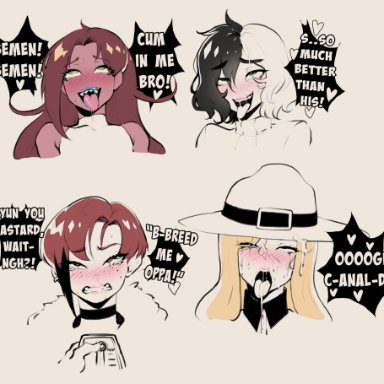 original, calgary callie, dae seo-yun (nyantcha), tsona (nyantcha), yorra villeneuve, thiccwithaq, 4girls, ahe gao, black hair, blonde hair, blue eyes, blue lips, blush, brown hair, choker