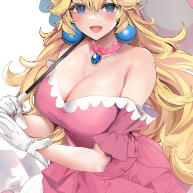 nintendo, princess peach, marushin (denwa0214), 1girls, bare shoulders, blonde hair, blue eyes, brooch, choker, cleavage, crown, dress, earrings, eyebrows visible through hair, female