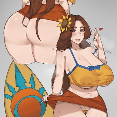 league of legends, riot games, leona (league of legends), elijahzx, 1girls, ass, blush, breasts, brown eyes, brown hair, clothed, clothed female, fanning self, female, female only