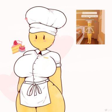 roblox, doughpuncher, roblox avatar, robloxian, magthender, 1girls, big breasts, black eyes, blush, blushing at viewer, breasts, cake, chef, chef hat, chef uniform