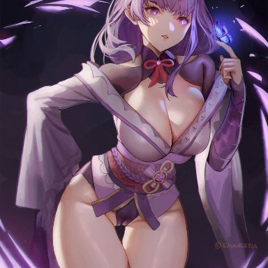 genshin impact, raiden shogun, sayanestia, bangs, black panties, black thighhighs, breasts, bug, butterfly, butterfly on hand, cameltoe, cleavage, cowboy shot, dark background, female