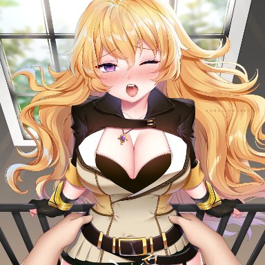 rwby, yang xiao long, banglinh1997, 1boy, ahoge, bangs, bare shoulders, belt, black gloves, blonde hair, blush, breasts, cleavage, clothed female nude male, completely nude