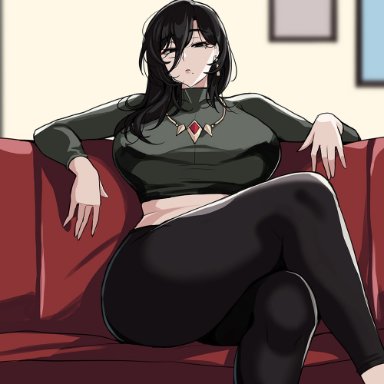 original character, drogod (artist), 1girls, big breasts, black hair, breasts, crop top, crossed legs, female, female only, fully clothed, looking at viewer, milf, mole, mole under eye