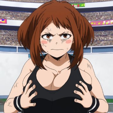 my hero academia, shounen jump, ochako uraraka, yetig, 1girls, alternate breast size, big breasts, breast grab, breast hold, cleavage, cleavage overflow, huge breasts, large breasts, sideboob, tank top