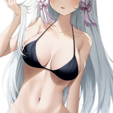 genshin impact, kamisato ayaka, solcha, belly, belly button, big breasts, blue eyes, blush, breasts, hips, holding hair, large breasts, long hair, samurai, silver hair