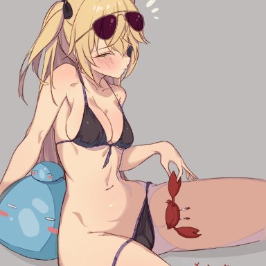 genshin impact, fischl (genshin impact), slime (genshin impact), kkry99, bare arms, bare shoulders, bikini, black bikini, blonde hair, breasts, cleavage, crab, eyepatch, eyewear on head, female