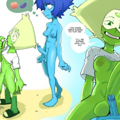 steven universe, gem (species), lapis lazuli (steven universe), peridot (steven universe), mrbooshmaster, 2futas, areolae, balljob, balls, big balls, bottomless, breasts, clothed, clothing, duo